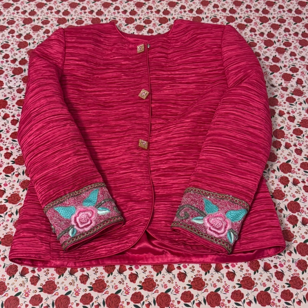 Pierre Labiche Hot Pink Textured Blazer  Jacket Floral Embroidered Cuffs 8 a3